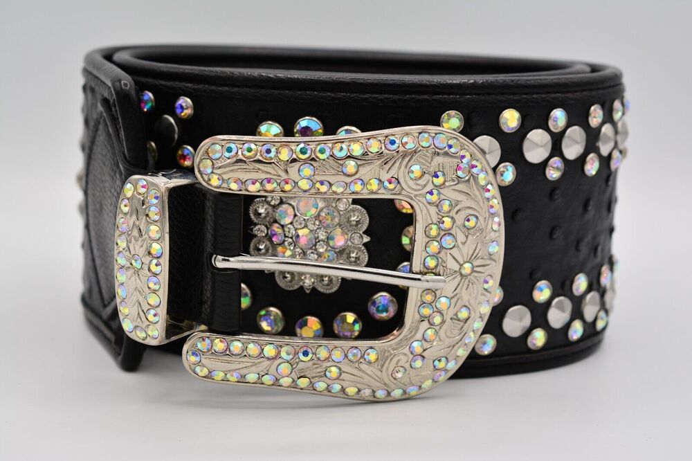 Genuine Leather Large Belt Rhinestone Crystal Aurora Borealis Black Thick